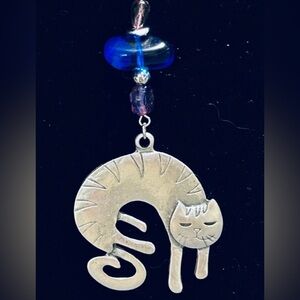 Artisan Boho Silver Cat Necklace with Blue & Purple Beaded Accents